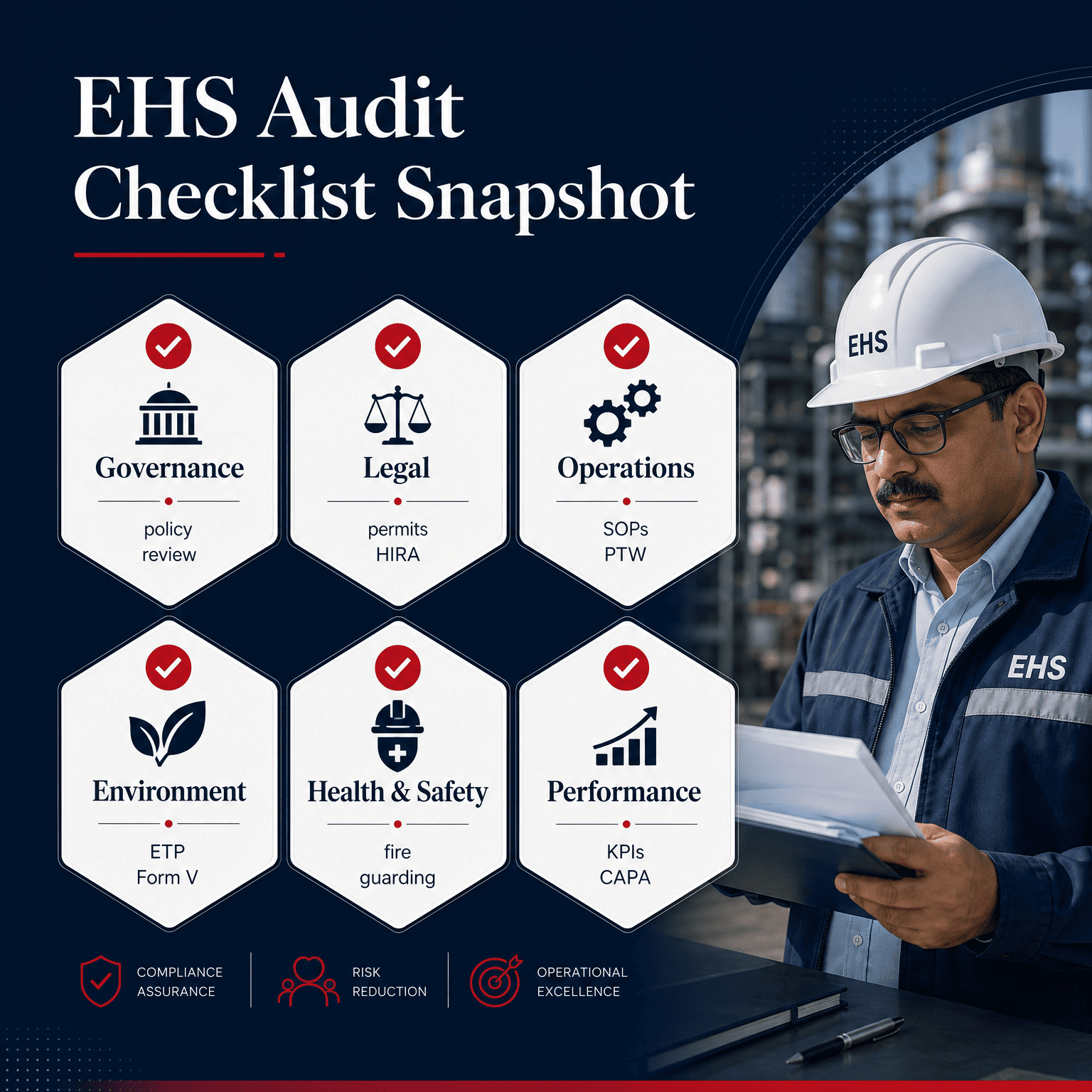 EHS audit checklist snapshot covering governance, legal, operations, environment, safety and performance
