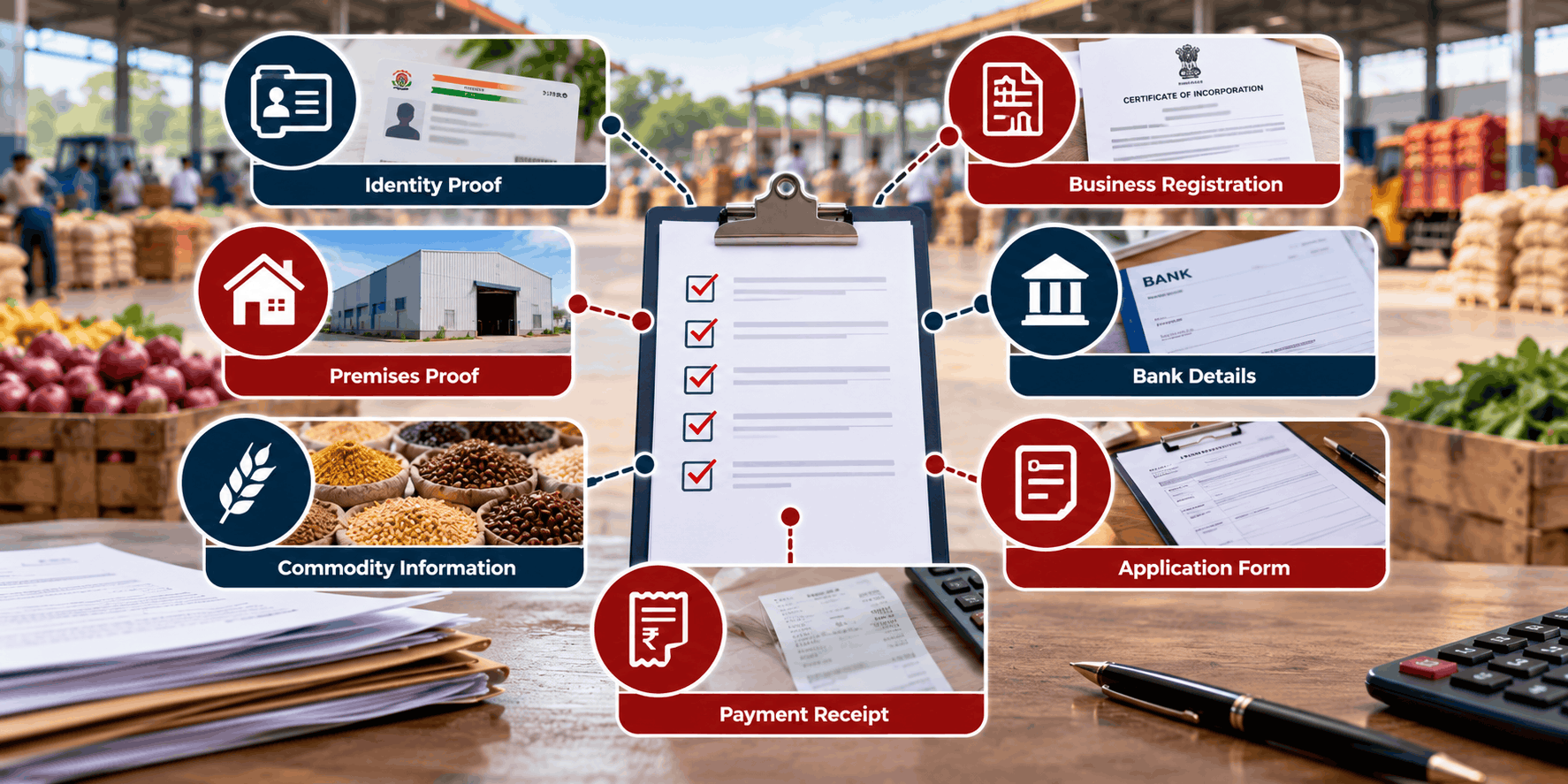 APMC licence document checklist covering identity, business, premises, banking and application records.