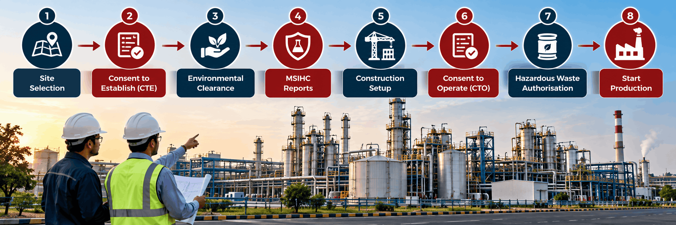 Approval roadmap for a chemical factory: site, consent to establish, clearance, safety reports, operation consent