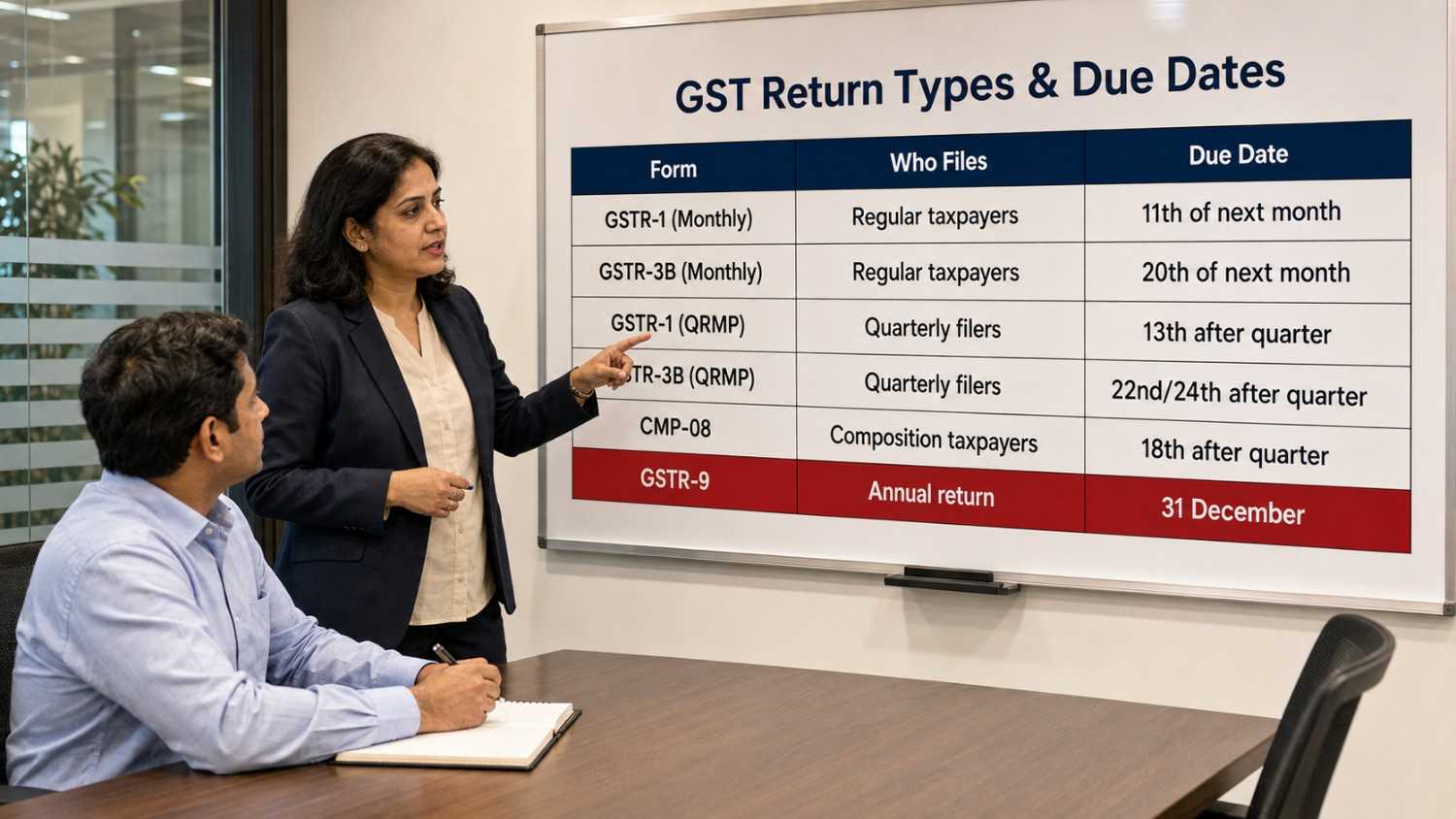 GST return due dates calendar showing GSTR-1, GSTR-3B, and annual return deadlines