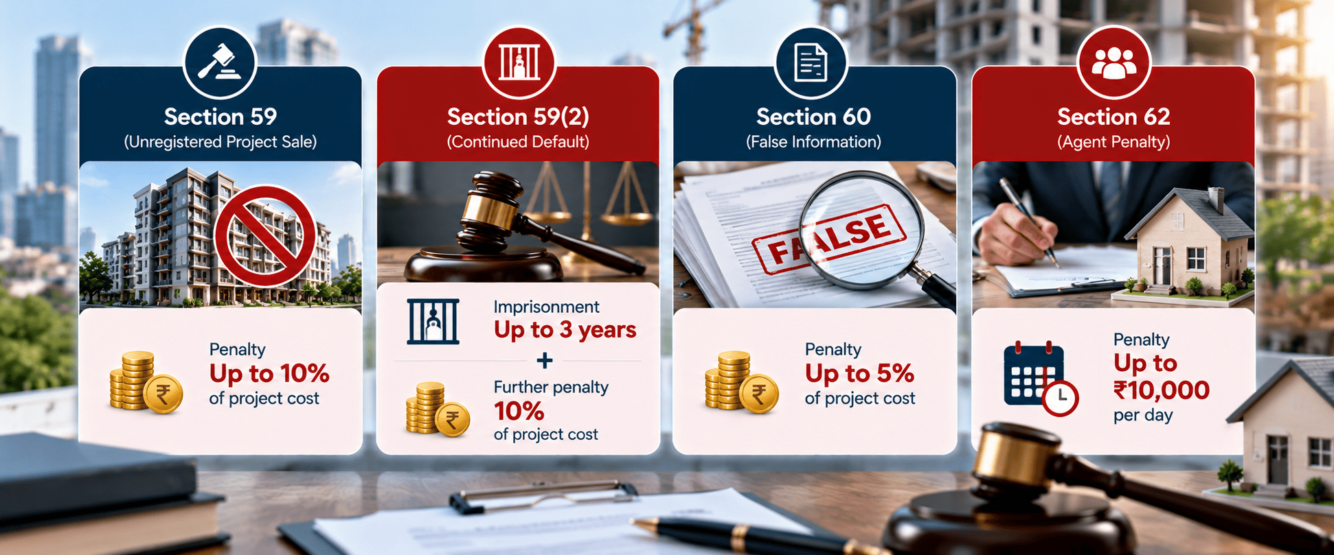 Graphic showing RERA penalties for unregistered project sale under Sections 59, 60 and 62