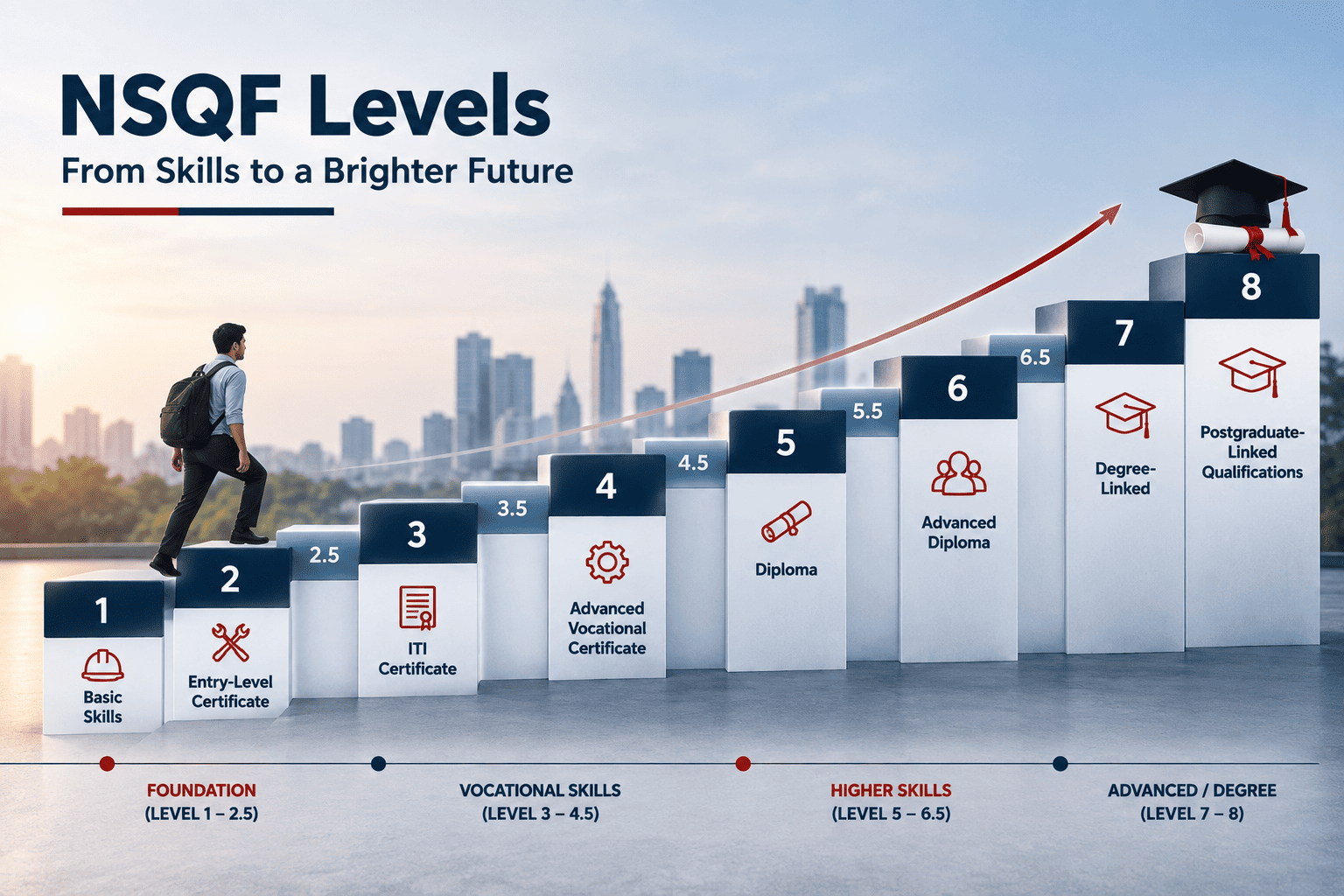NSQF levels 1 to 8 infographic showing skill qualification progression in India