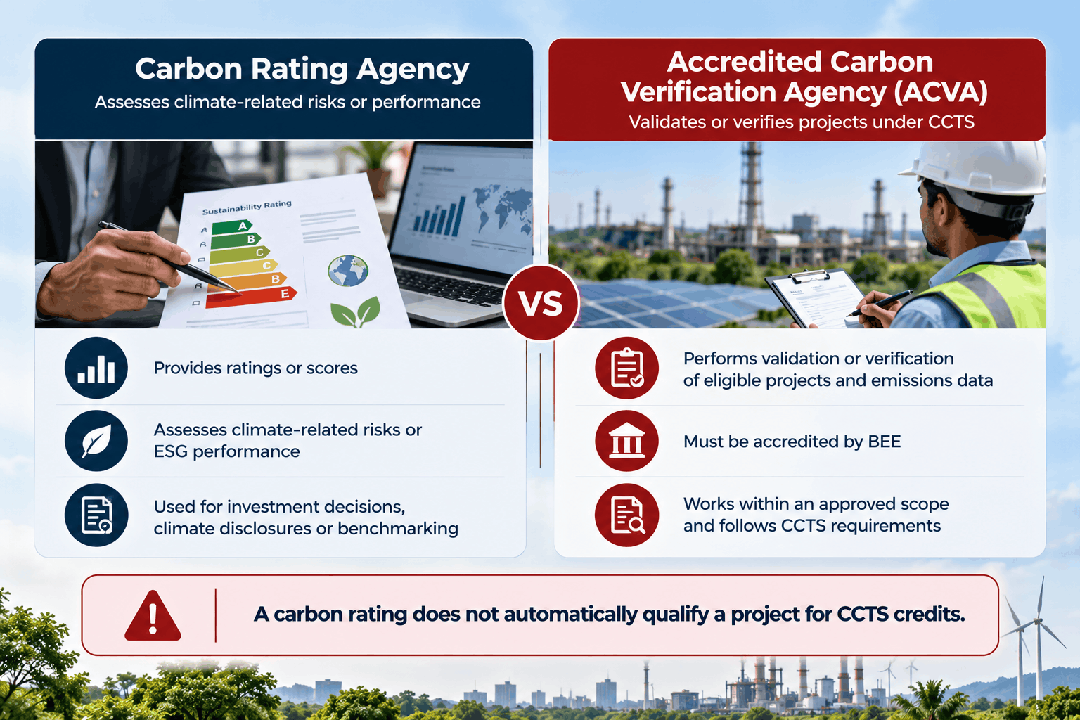 Difference between carbon rating agencies and Accredited Carbon Verification Agencies under India's CCTS.