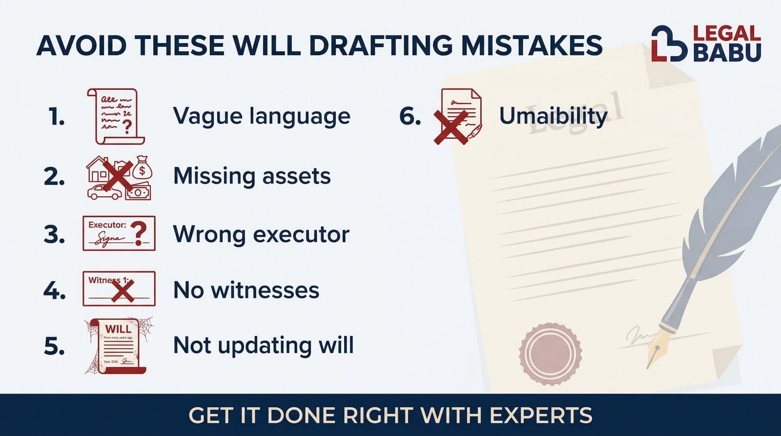 Common will drafting mistakes such as missing assets unclear instructions no witnesses and outdated wills