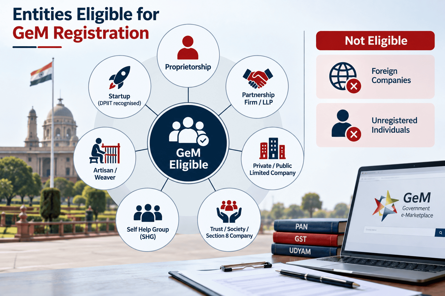 Infographic showing business entity types eligible for GeM portal registration in India