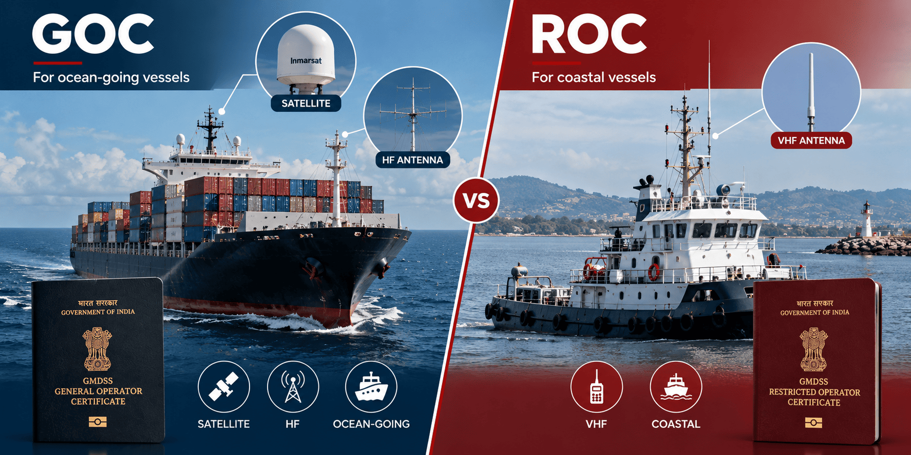 Infographic comparing GMDSS GOC and ROC certificate use cases for Indian seafarers