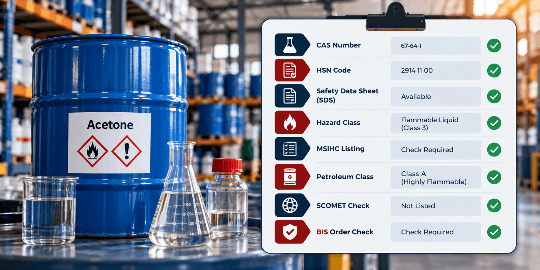 Screening checklist for a chemical product: CAS number, HSN code, SDS, hazard class and regulator flags