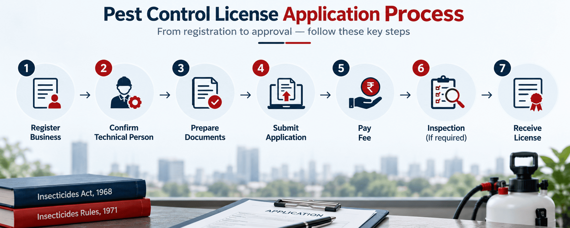 Flowchart showing the steps to apply for a pest control license in India, from business registration to license approval