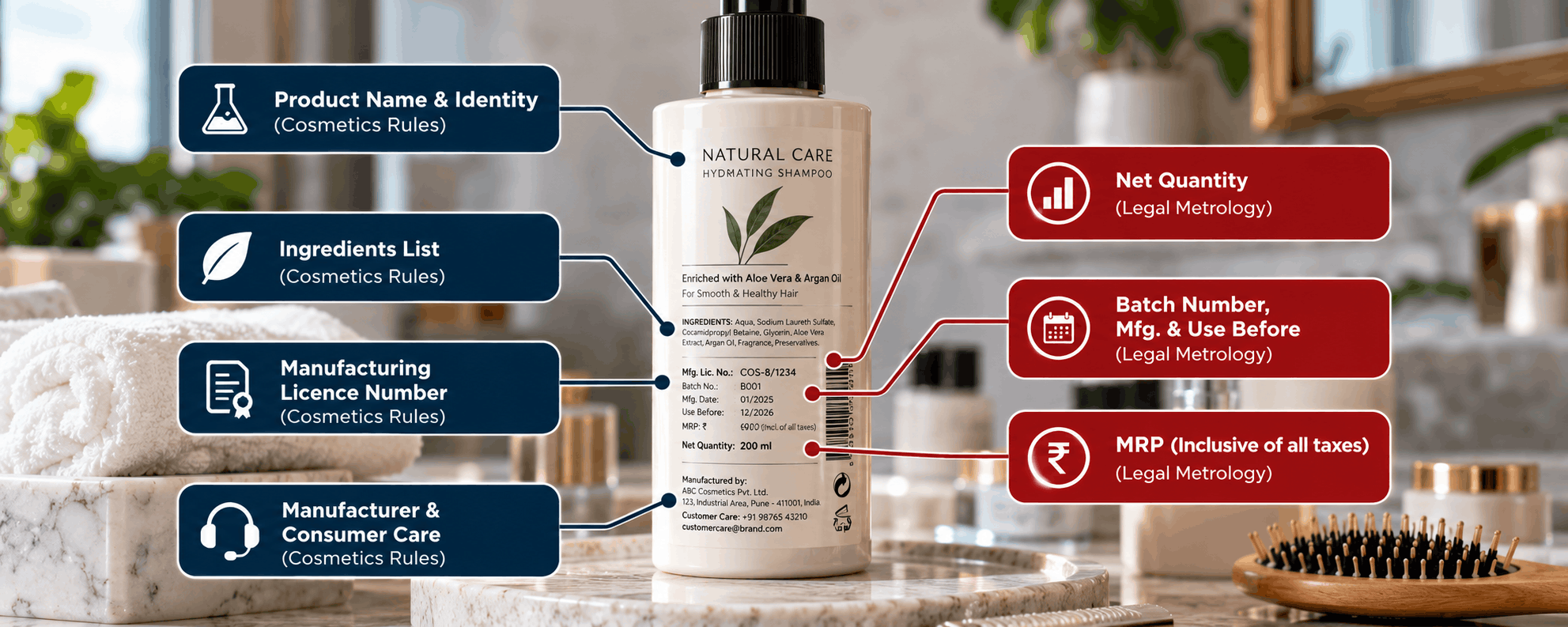 Personal care product label with callouts for licence number, batch, MRP, net quantity, ingredients and consumer care