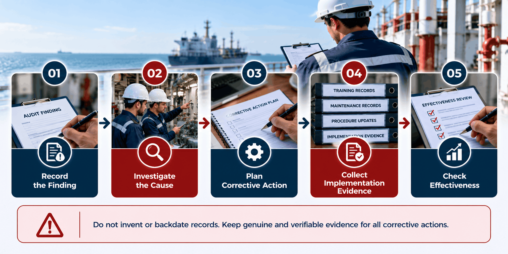 DOC audit non-conformity closure process from finding identification to corrective action effectiveness review.