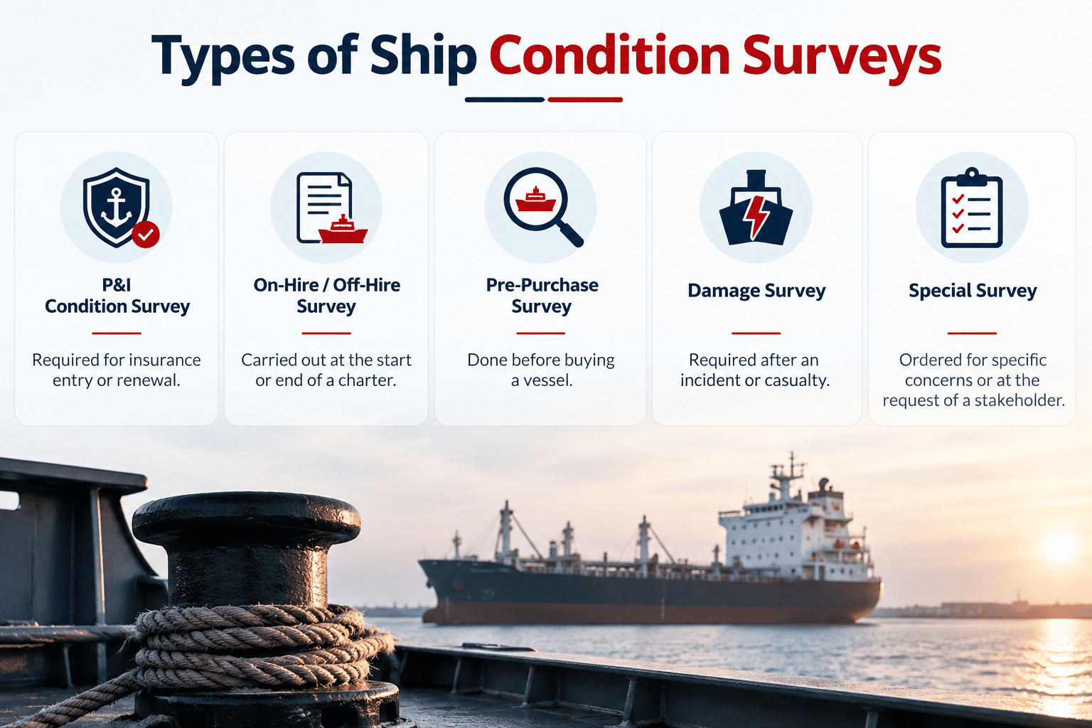 Infographic comparing types of ship condition surveys: P&I, on-hire, pre-purchase, damage