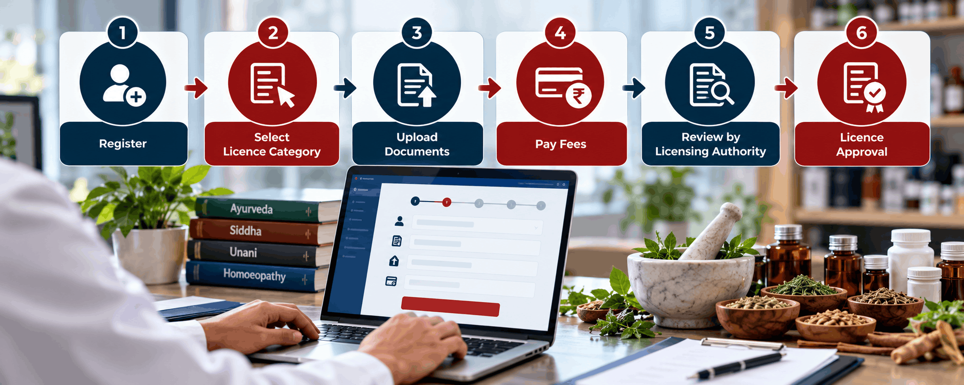 e-AUSHADHI application flow from registration and document submission to licensing authority review.