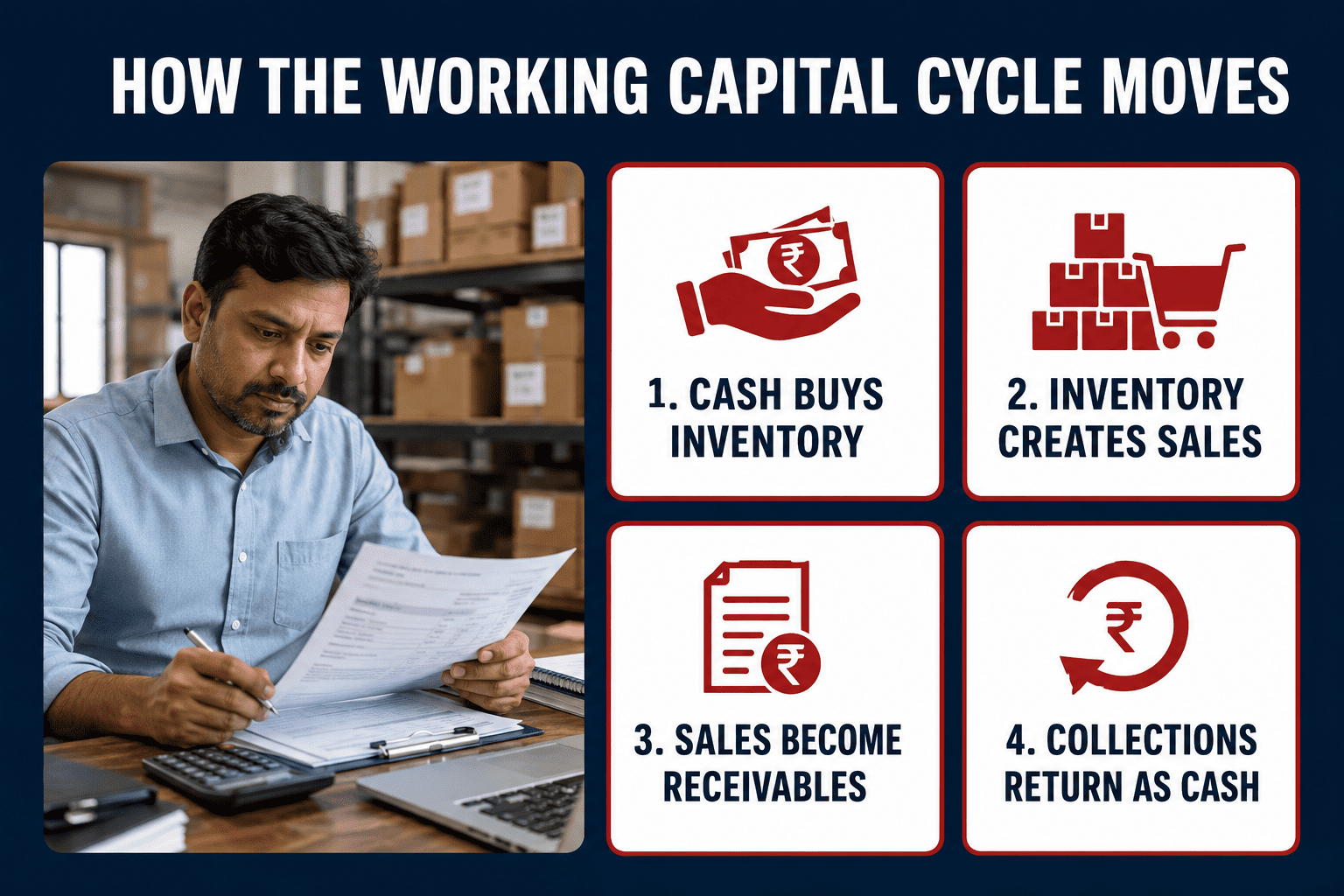 Working capital cycle from cash and inventory to sales and receivables