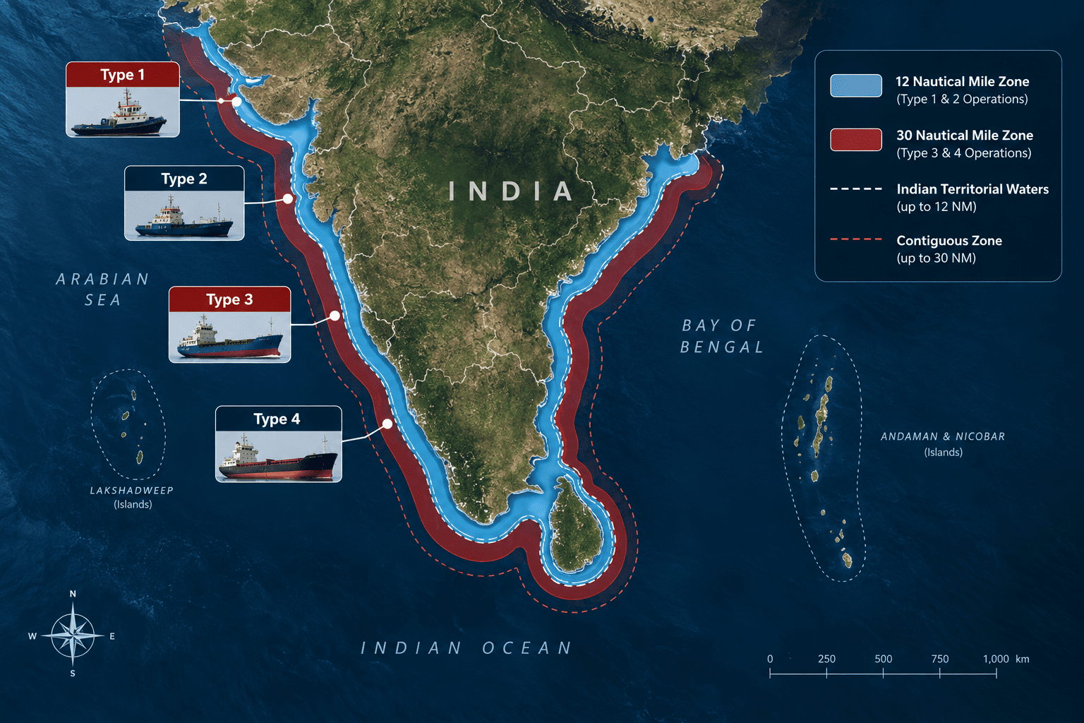 Map showing River-Sea Vessel Type 1 to Type 4 zones along the Indian coast