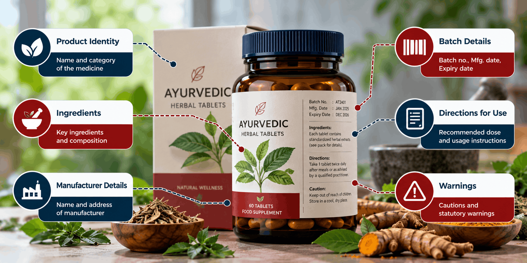 AYUSH medicine label checklist showing product, batch, manufacturer, directions and required warnings.
