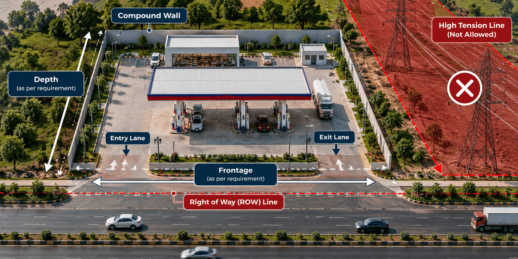Plot diagram for a petrol pump showing frontage, depth, right of way line, entry and exit lanes and high tension line