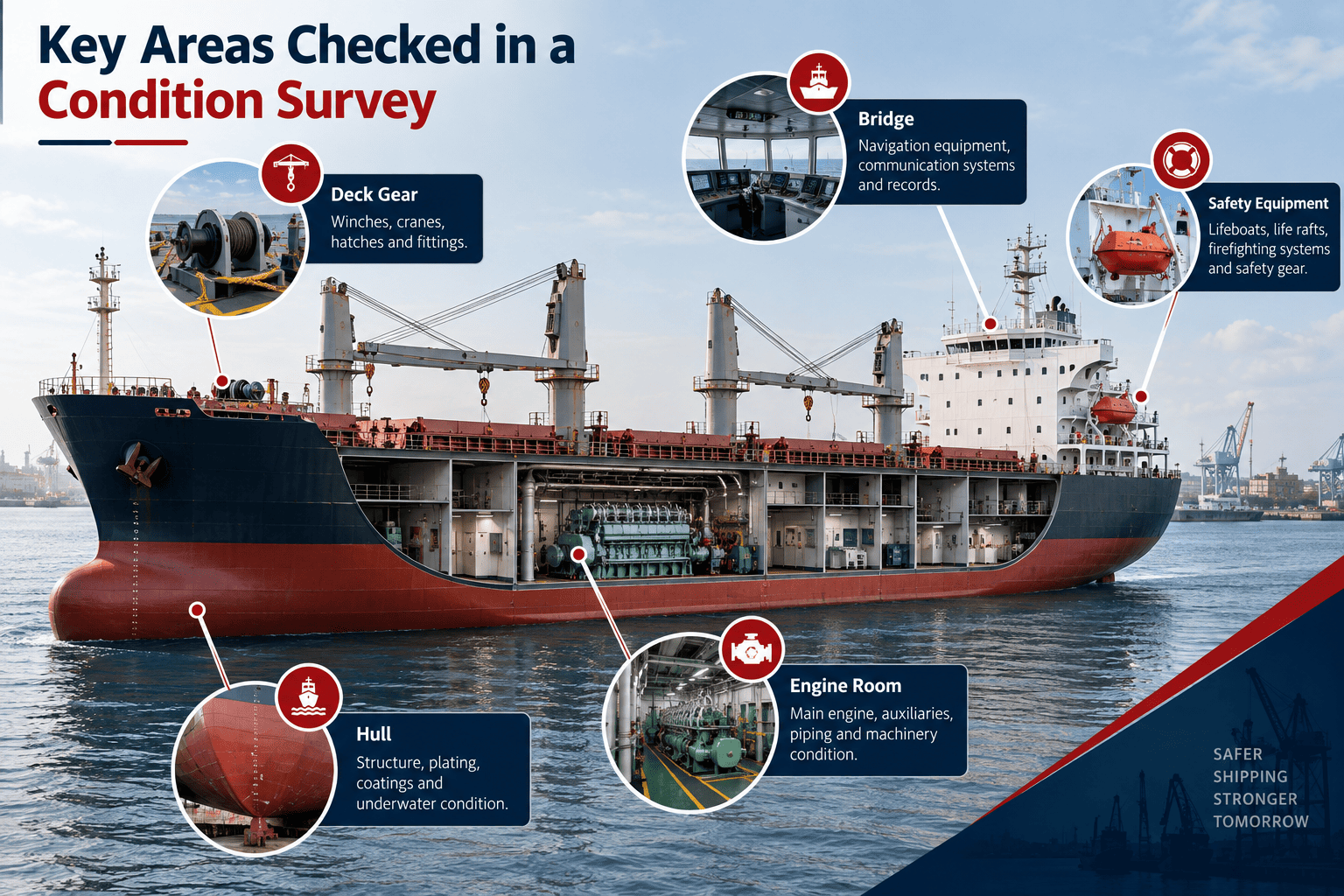 Ship diagram showing hull, engine room, deck and bridge areas checked in a condition survey