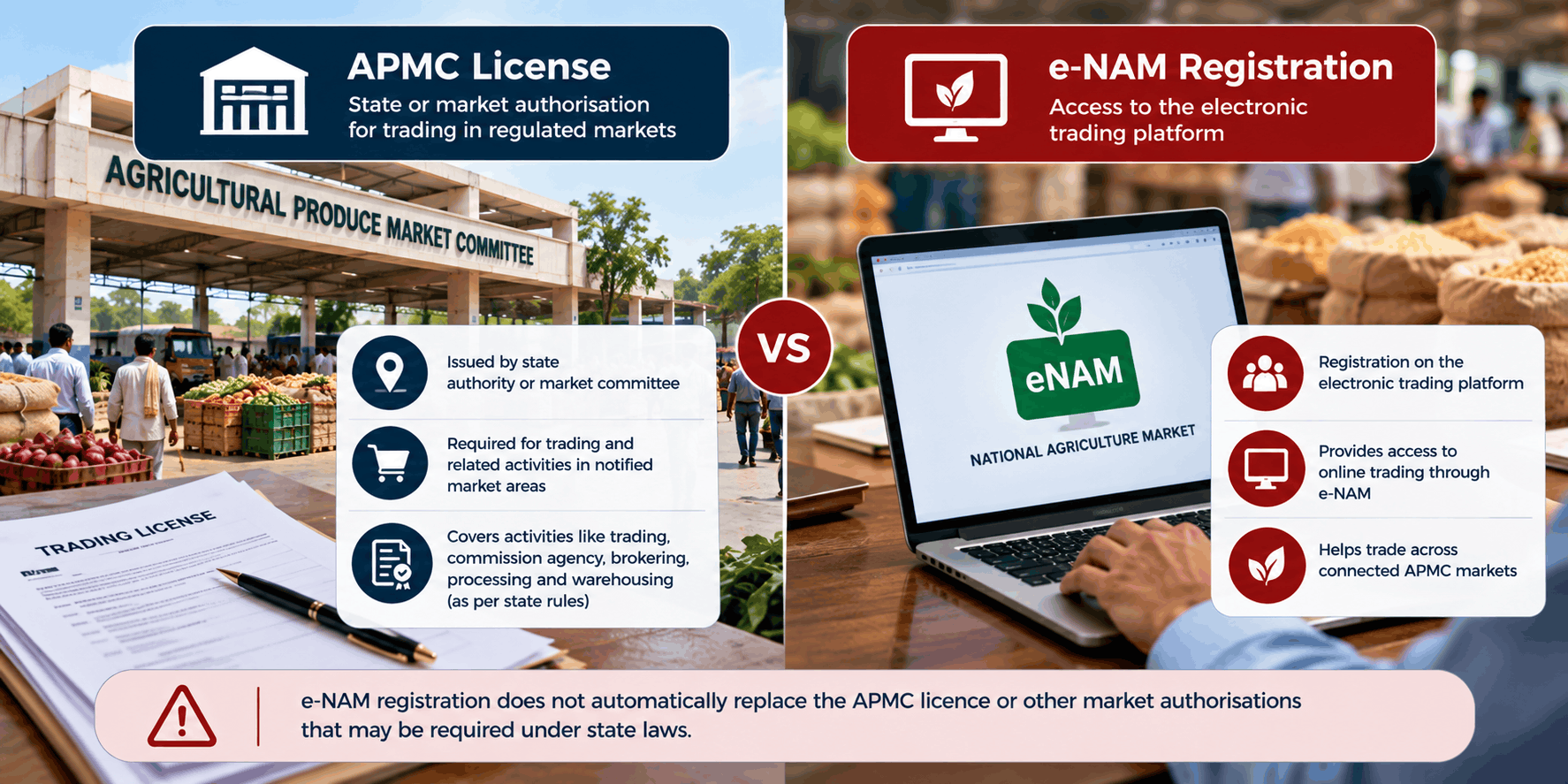 Comparison of APMC trading licence requirements and e-NAM trader registration.