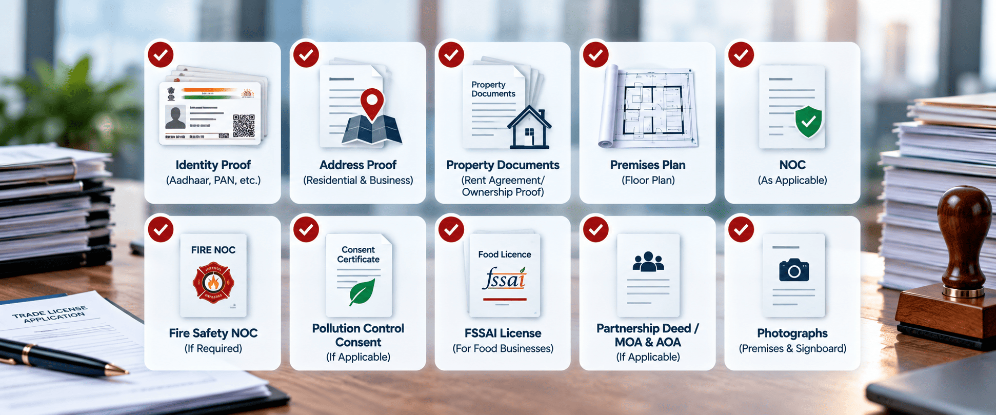 Checklist infographic of documents required to apply for a trade license in India