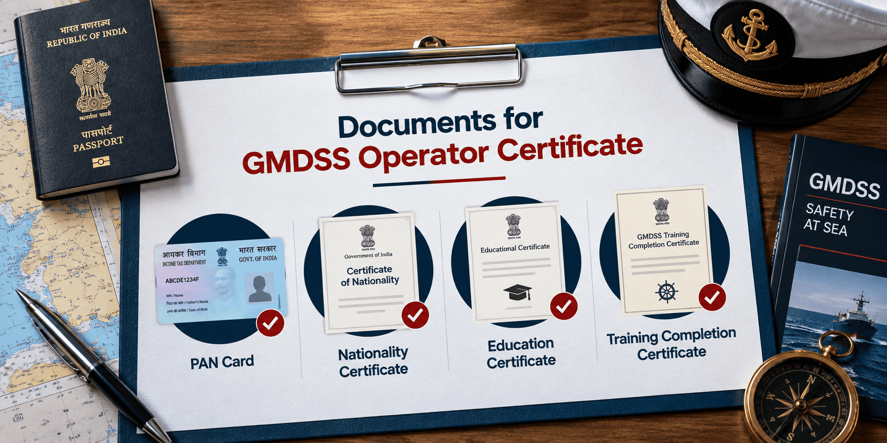 Checklist infographic of documents needed for a GMDSS operator certificate application