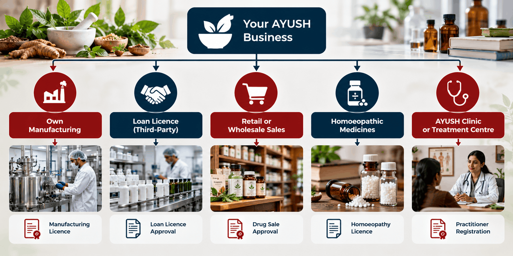 Decision tree showing AYUSH licence routes for manufacturers, brand owners, sellers and clinics.