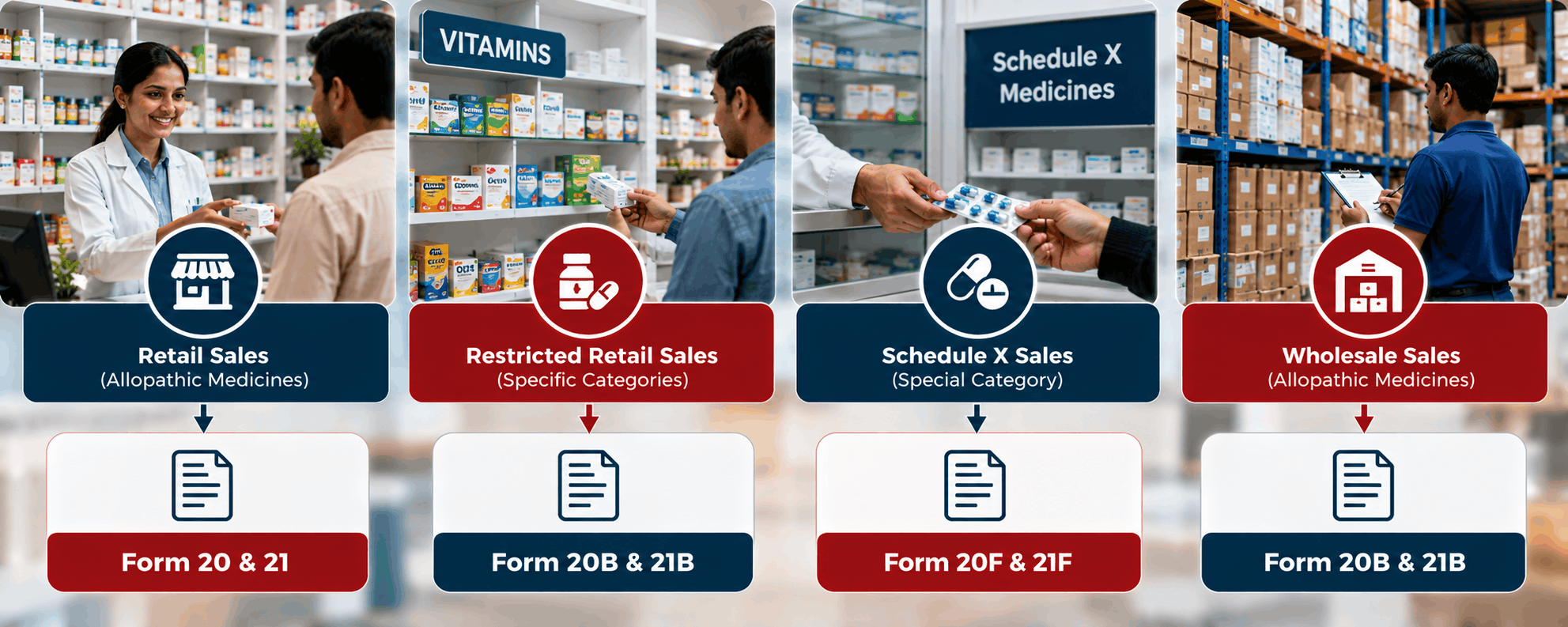 Chart matching retail, restricted, Schedule X and wholesale sales to the correct Indian drug licence form