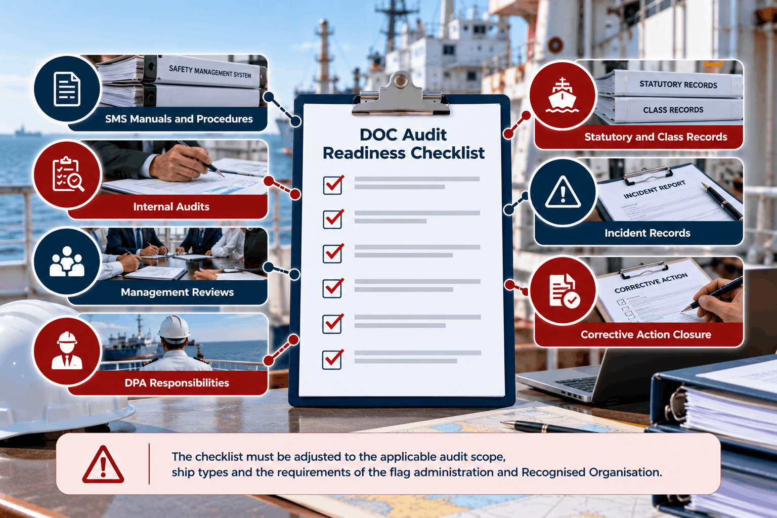 DOC audit preparation checklist covering SMS records, internal audits, management reviews and corrective actions.